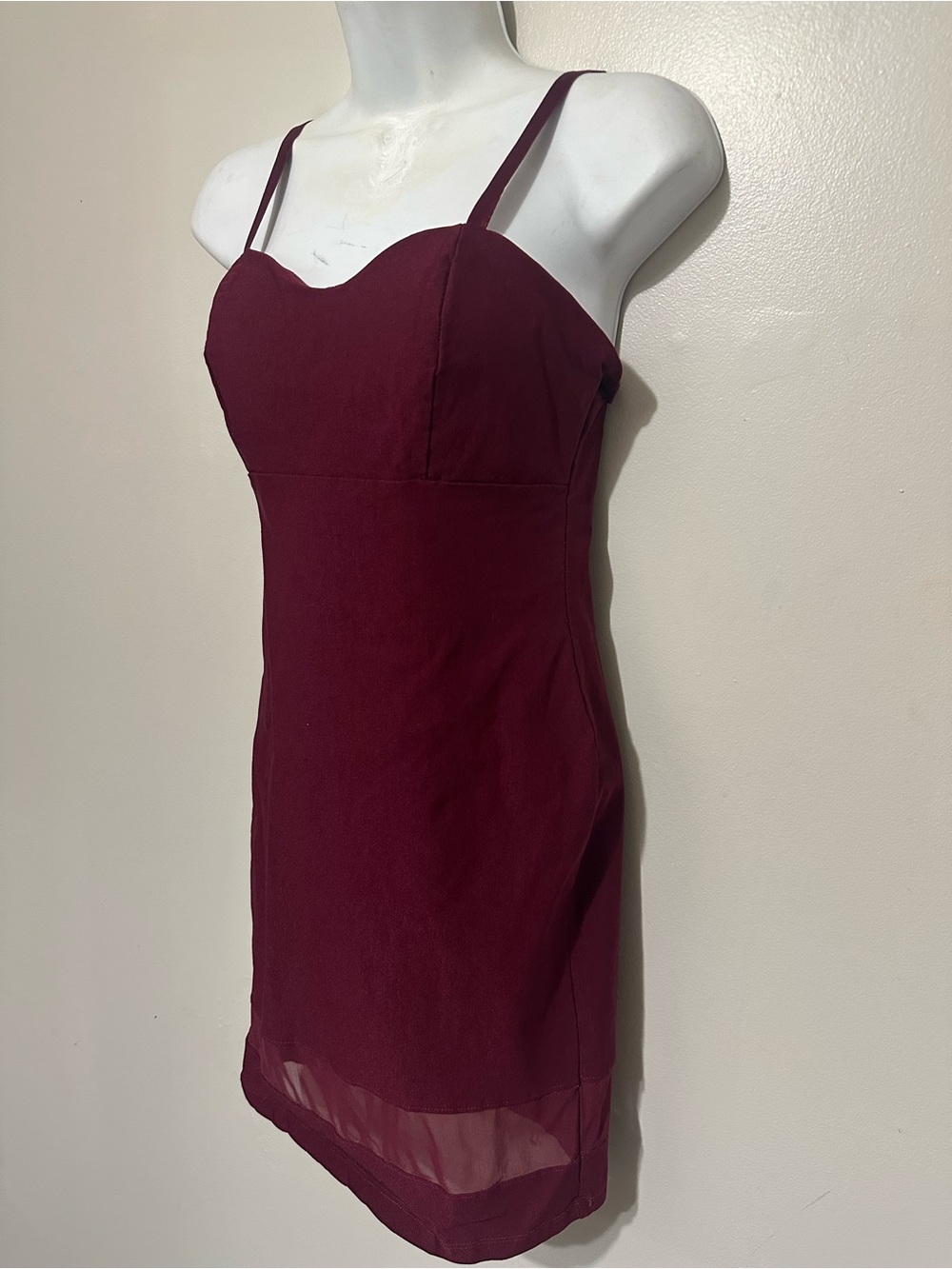 Bozzolo Burgundy Bodycon Mini Dress • Sheer Hem Detail